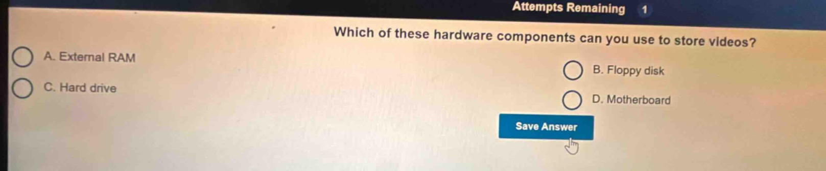 which of these hardware components can you use to store videos? a. external ram b. floppy disk c. hard drive d. motherboard
