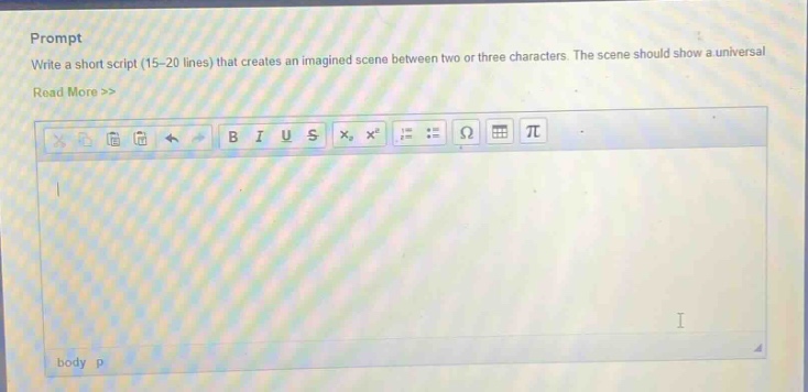 prompt write a short script (15 - 20 lines) that creates an imagined scene between two or three characters. the scene should show a universal