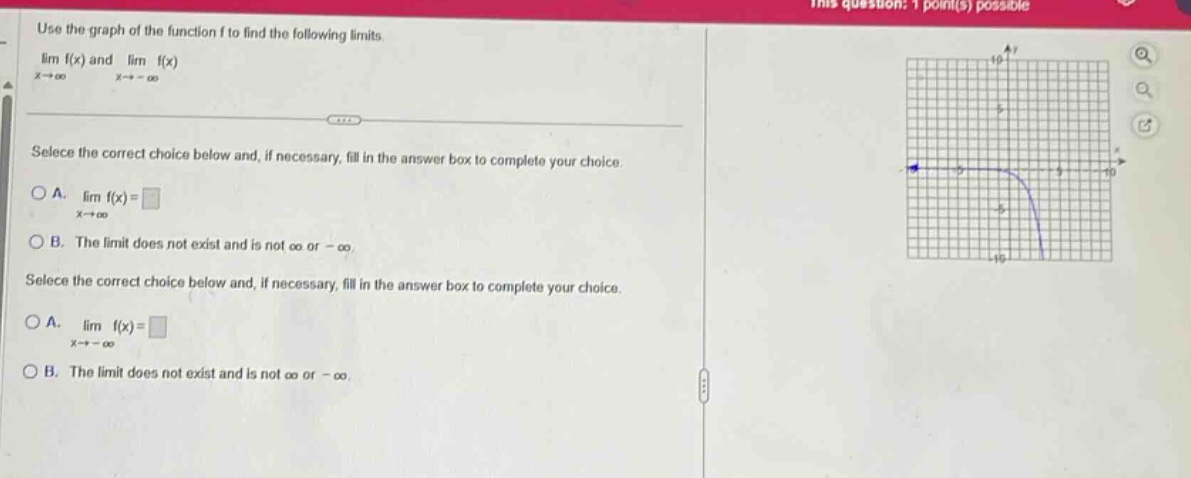 use the graph of the function f to find the following limits. lim f(x) and lim f(x) as x→∞ and x→ -∞. selec the correct choice below and, if necessary, fill in the answer box to complete your choice. a. lim f(x) as x→∞ = b. the limit does not exist and is not ∞ or -∞. selec the correct choice below and, if necessary, fill in the answer box to complete your choice. a. lim f(x) as x→ -∞ = b. the limit does not exist and is not ∞ or -∞.