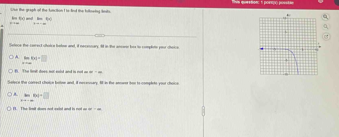 use the graph of the function f to find the following limits. lim f(x) and lim f(x) as x→∞ and x→ -∞. selec the correct choice below and, if necessary, fill in the answer box to complete your choice. a. lim f(x)=□ as x→∞ b. the limit does not exist and is not ∞ or -∞. selec the correct choice below and, if necessary, fill in the answer box to complete your choice. a. lim f(x)=□ as x→ -∞ b. the limit does not exist and is not ∞ or -∞.