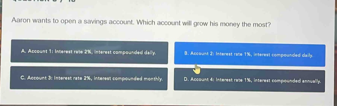 aaron wants to open a savings account. which account will grow his money the most? a. account 1: interest rate 2%, interest compounded daily. b. account 2: interest rate 1%, interest compounded daily. c. account 3: interest rate 2%, interest compounded monthly. d. account 4: interest rate 1%, interest compounded annually.