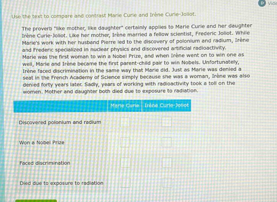 use the text to compare and contrast marie curie and irène curie - joliot. the proverb \like mother, like daughter\ certainly applies to marie curie and her daughter irène curie - joliot. like her mother, irène married a fellow scientist, frédéric joliot. while maries work with her husband pierre led to the discovery of polonium and radium, irène and frédéric specialized in nuclear physics and discovered artificial radioactivity. marie was the first woman to win a nobel prize, and when irène went on to win one as well, marie and irène became the first parent - child pair to win nobels. unfortunately, irène faced discrimination in the same way that marie did. just as marie was denied a seat in the french academy of science simply because she was a woman, irène was also denied forty years later. sadly, years of working with radioactivity took a toll on the women. mother and daughter both died due to exposure to radiation. marie curie irène curie - joliot discovered polonium and radium won a nobel prize faced discrimination died due to exposure to radiation