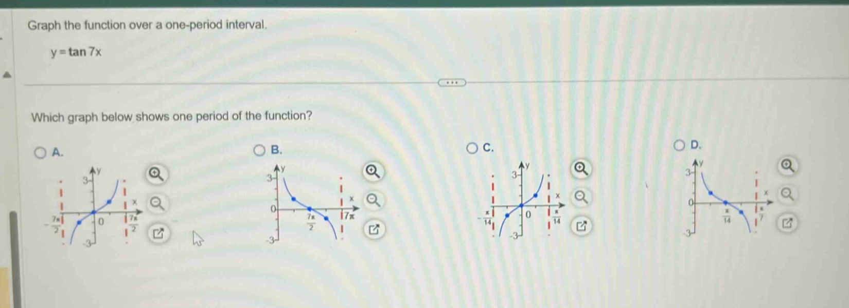 graph the function over a one - period interval. y = tan 7x which graph below shows one period of the function? a. b. c. d.