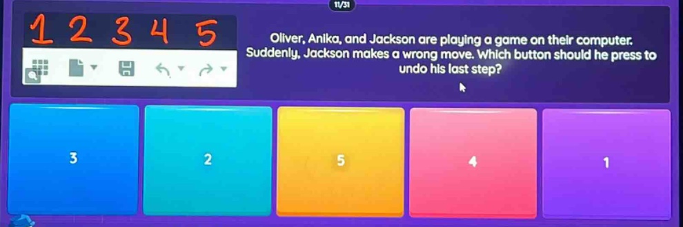 oliver, anika, and jackson are playing a game on their computer. suddenly, jackson makes a wrong move. which button should he press to undo his last step?