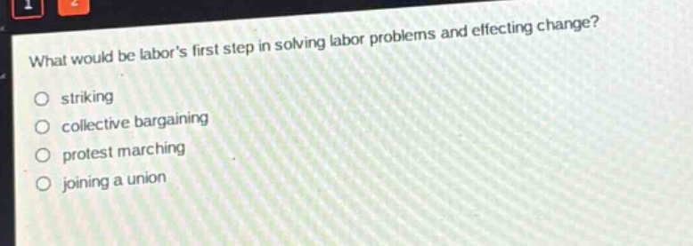 what would be labors first step in solving labor problems and effecting change? striking collective bargaining protest marching joining a union
