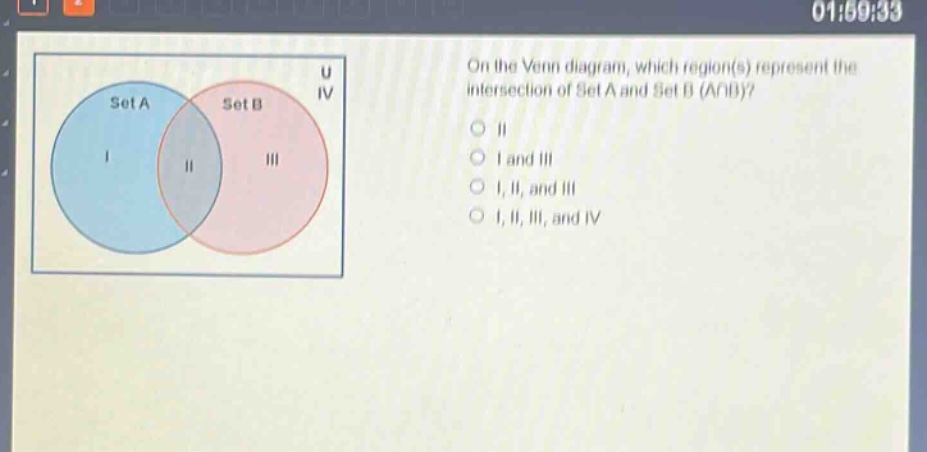 on the venn diagram, which region(s) represent the intersection of set a and set b (a∩b)? ii i and iii i, ii, and iii i, ii, iii, and iv