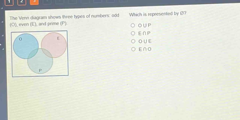 the venn diagram shows three types of numbers: odd (o), even (e), and prime (p). which is represented by ∅? o o∪p o e∩p o o∪e o e∩o
