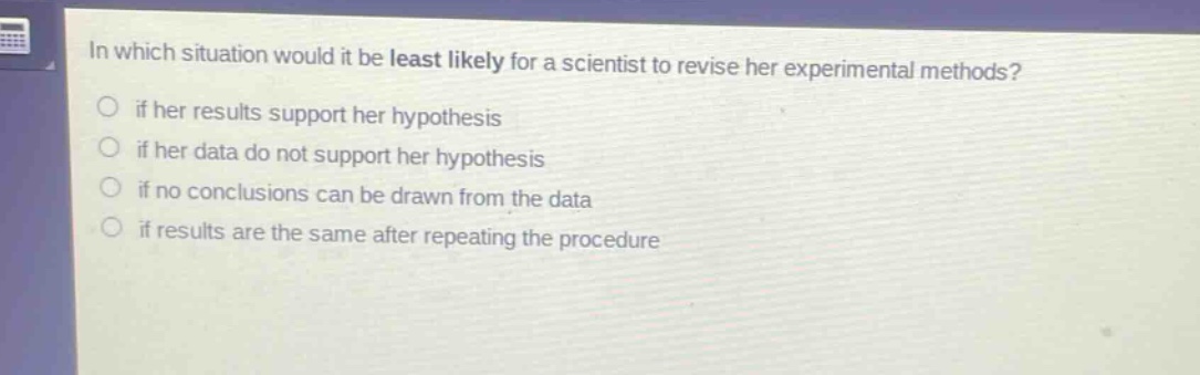 in which situation would it be least likely for a scientist to revise her experimental methods? if her results support her hypothesis if her data do not support her hypothesis if no conclusions can be drawn from the data if results are the same after repeating the procedure