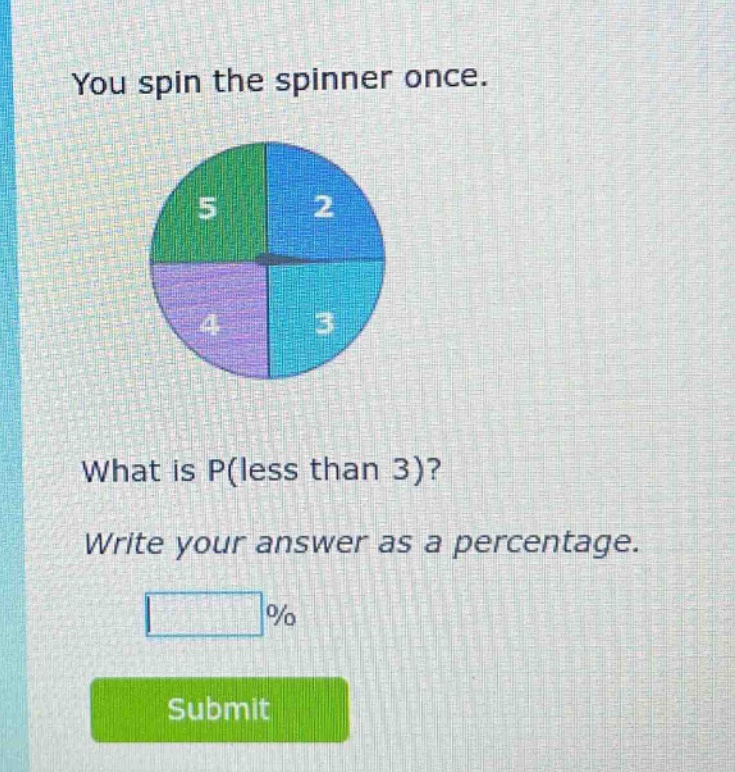 you spin the spinner once. what is p(less than 3)? write your answer as a percentage. %