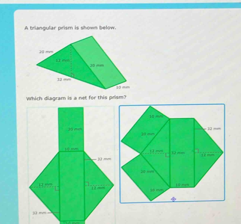 a triangular prism is shown below. which diagram is a net for this prism?