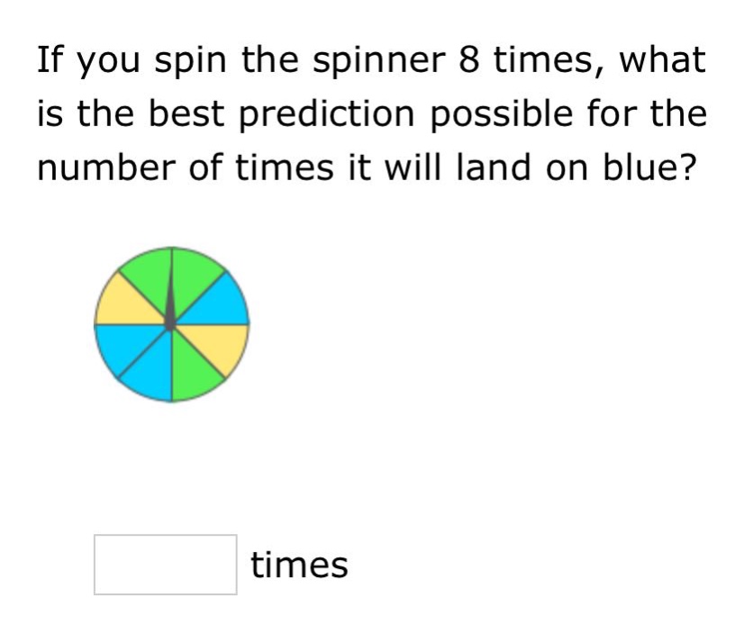 if you spin the spinner 8 times, what is the best prediction possible for the number of times it will land on blue? times