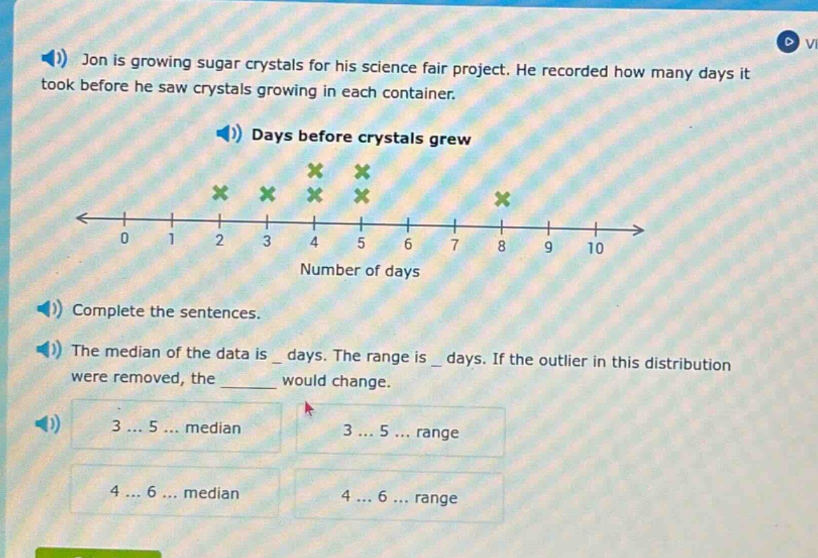 jon is growing sugar crystals for his science fair project. he recorded how many days it took before he saw crystals growing in each container. days before crystals grew number of days complete the sentences. the median of the data is _ days. the range is _ days. if the outlier in this distribution were removed, the _ would change. 3 ... 5 ... median 3 ... 5 ... range 4 ... 6 ... median 4 ... 6 ... range