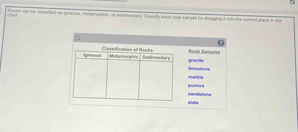 rocks can be classified as igneous, metamorphic, or sedimentary. classify each rock sample by dragging it into the correct place in the chart. classification of rocks igneous metamorphic sedimentary rock samples granite limestone marble pumice sandstone slate