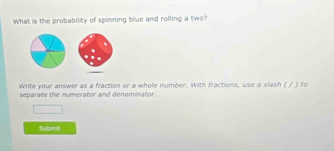 what is the probability of spinning blue and rolling a two? write your answer as a fraction or a whole number. with fractions, use a slash ( / ) to separate the numerator and denominator.