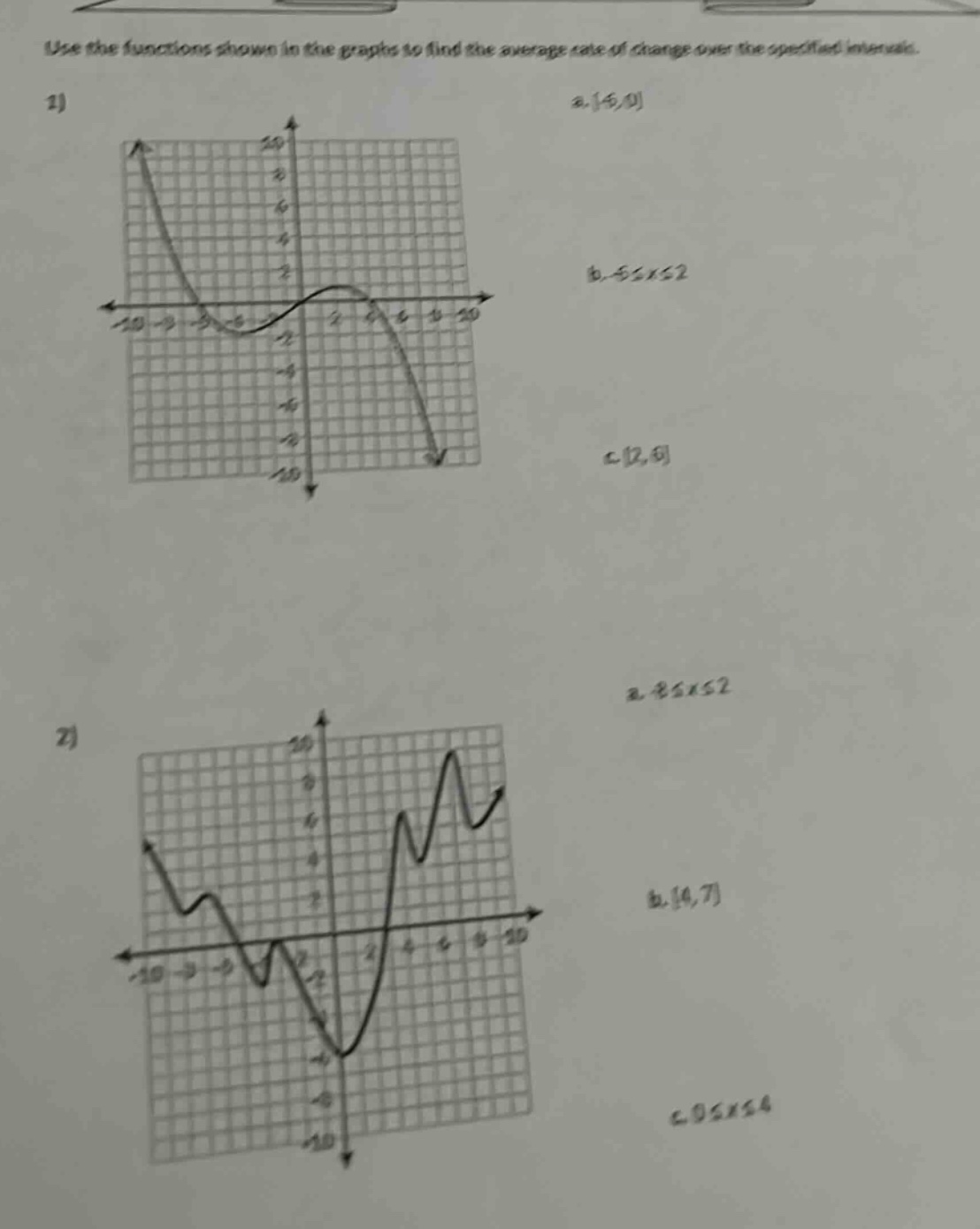 use the functions shown in the graphs to find the average rate of change over the specified intervals. 1) a. -5,0 b. -5≤x≤2 c. 2,5 2) a. -8≤x≤2 b. 4,7 c. 0≤x≤4