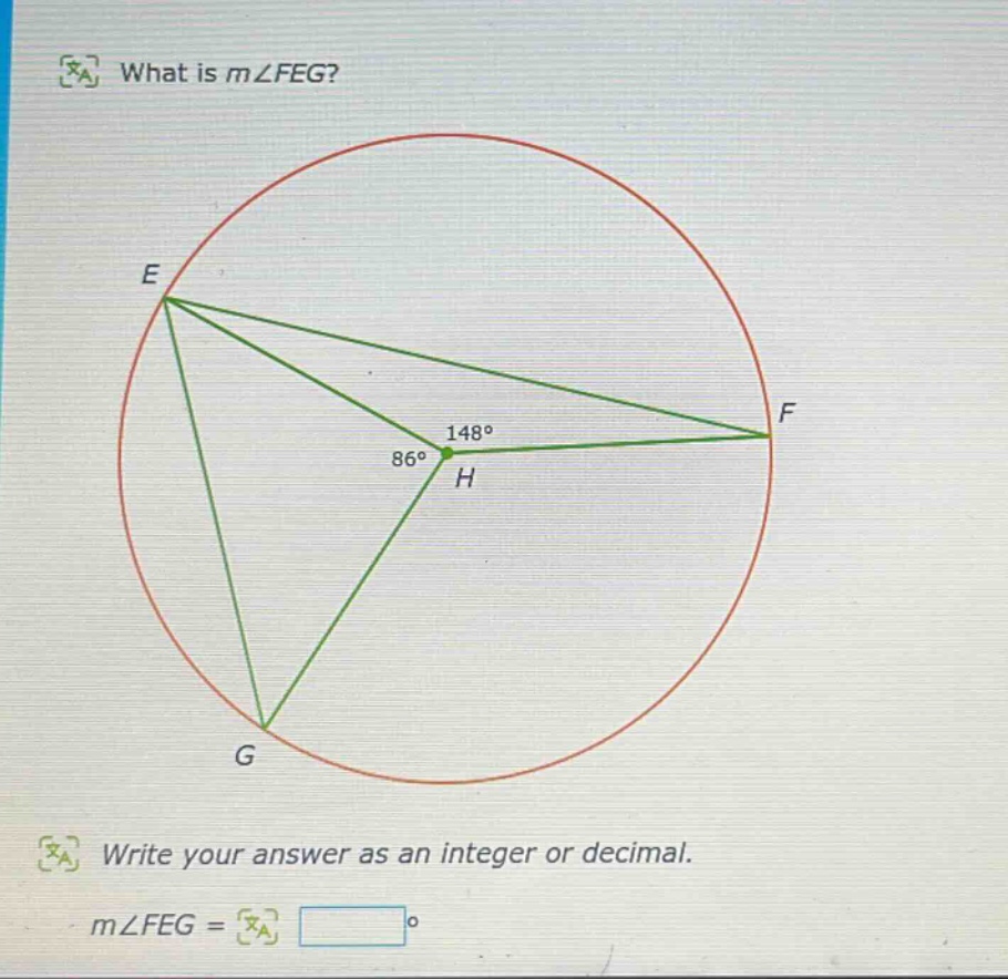 what is m∠feg? write your answer as an integer or decimal. m∠feg =