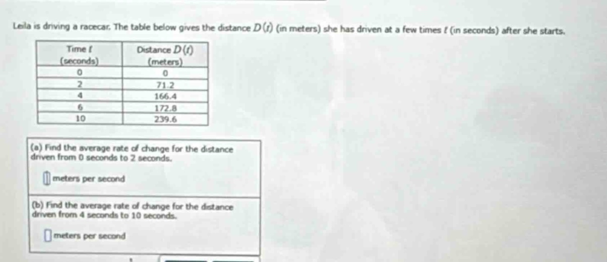 leila is driving a racecar. the table below gives the distance d(t) (in meters) she has driven at a few times t (in seconds) after she starts. (a) find the average rate of change for the distance driven from 0 seconds to 2 seconds. meters per second (b) find the average rate of change for the distance driven from 4 seconds to 10 seconds. meters per second
