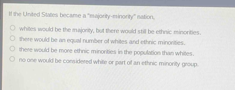 if the united states became a \majority - minority\ nation, whites would be the majority, but there would still be ethnic minorities. there would be an equal number of whites and ethnic minorities. there would be more ethnic minorities in the population than whites. no one would be considered white or part of an ethnic minority group.