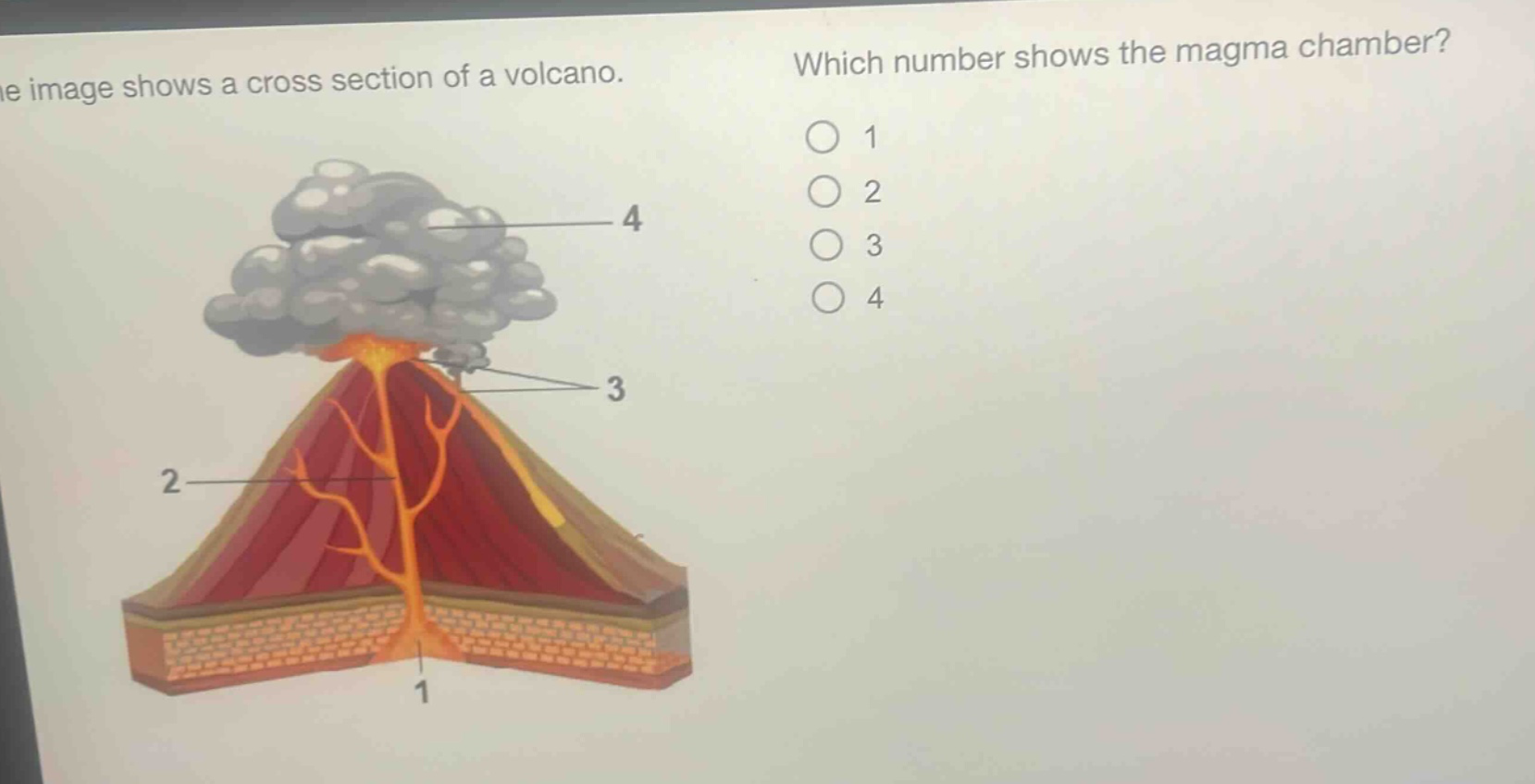 the image shows a cross section of a volcano. which number shows the magma chamber? 1 2 3 4