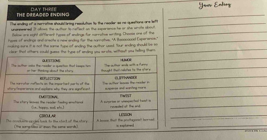 day three the dreaded ending the ending of a narrative should bring resolution to the reader so no questions are left unanswered. it allows the author to reflect on the experience he or she wrote about. below are eight different types of endings for narrative writing. choose one of the types of endings and create a new ending for the narrative, “a baaaaaad experience,” making sure it is not the same type of ending the author used. your ending should be clear that others could guess the type of ending you wrote, without you telling them. questions the author asks the reader a question that keeps him or her thinking about the story. reflection the narrator reflects on the important parts of the story/experience and explains why they are significant. emotional the story leaves the reader feeling emotional (i.e., happy, sad, etc.). circular the conclusion circles back to the start of the story (the same idea or even the same words). humor the author ends with a funny thought that relates to the story. cliffhanger the author leaves the reader in suspense and wanting more. twist a surprise or unexpected twist is revealed at the end. lesson a lesson that the protagonist learned is explained.