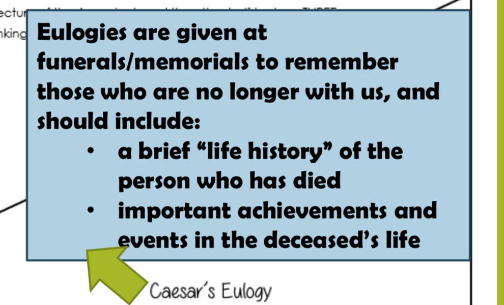 eulogies are given at funerals/memorials to remember those who are no longer with us, and should include: a brief “life history” of the person who has died important achievements and events in the deceased’s life caesar’s eulogy