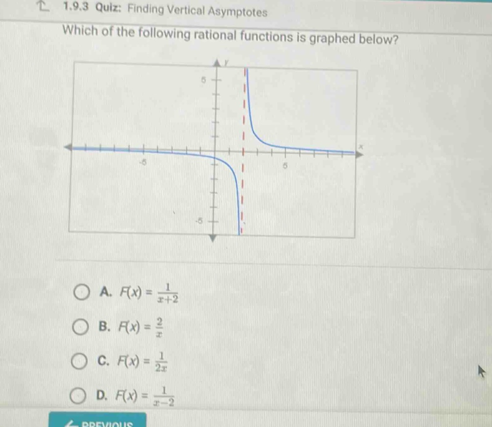 1.9.3 quiz: finding vertical asymptotes which of the following rational functions is graphed below? a. f(x) = 1/(x + 2) b. f(x) = 2/x c. f(x) = 1/(2x) d. f(x) = 1/(x - 2)