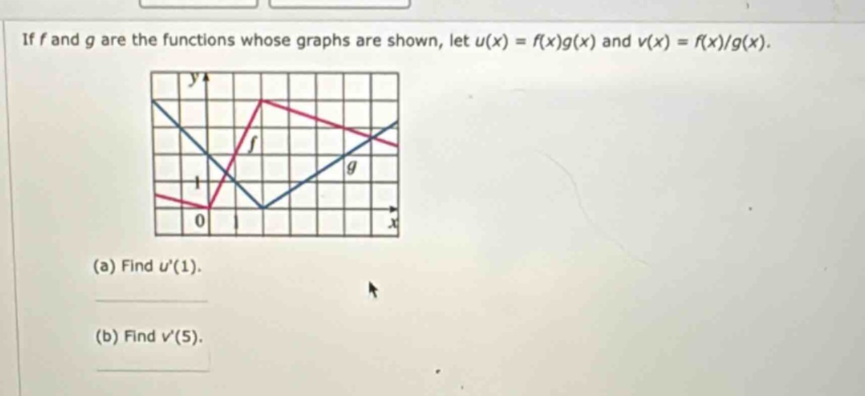 if f and g are the functions whose graphs are shown, let u(x) = f(x)g(x) and v(x) = f(x)/g(x). (a) find u(1). (b) find v(5).