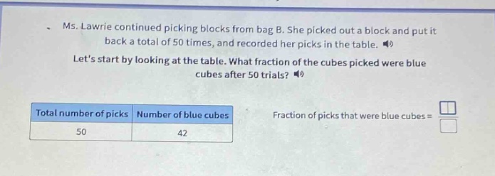 ms. lawrie continued picking blocks from bag b. she picked out a block and put it back a total of 50 times, and recorded her picks in the table. lets start by looking at the table. what fraction of the cubes picked were blue cubes after 50 trials? total number of picks number of blue cubes fraction of picks that were blue cubes = 50 42