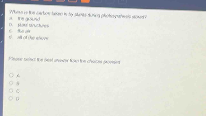 where is the carbon taken in by plants during photosynthesis stored? a. the ground b. plant structures c. the air d. all of the above please select the best answer from the choices provided