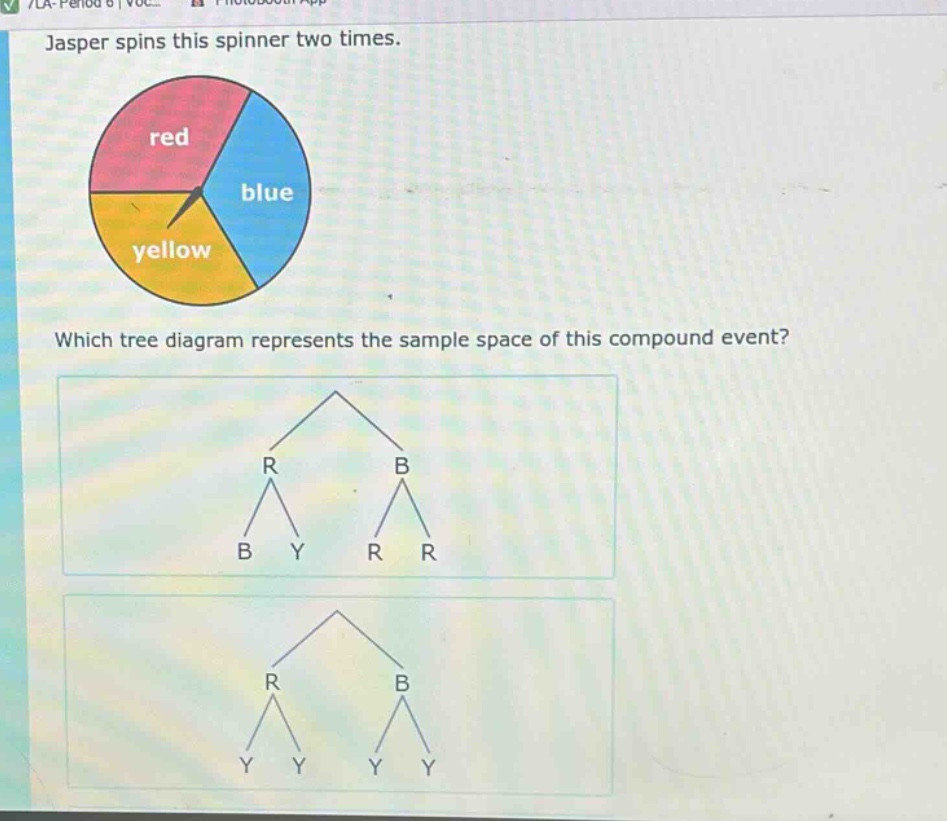 jasper spins this spinner two times. which tree diagram represents the sample space of this compound event?