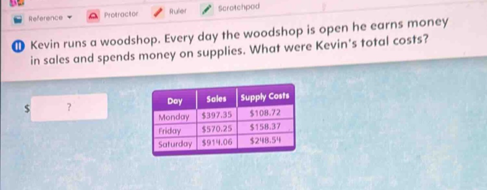 kevin runs a woodshop. every day the woodshop is open he earns money in sales and spends money on supplies. what were kevin’s total costs? day sales supply costs monday $397.35 $108.72 friday $570.25 $158.37 saturday $914.06 $248.54