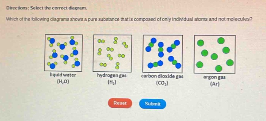 directions: select the correct diagram. which of the following diagrams shows a pure substance that is composed of only individual atoms and not molecules? liquid water (h₂o) hydrogen gas (h₂) carbon dioxide gas (co₂) argon gas (ar)