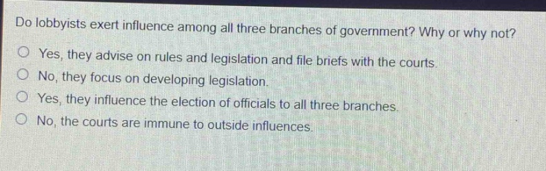 do lobbyists exert influence among all three branches of government? why or why not?\nyes, they advise on rules and legislation and file briefs with the courts.\nno, they focus on developing legislation.\nyes, they influence the election of officials to all three branches.\nno, the courts are immune to outside influences.