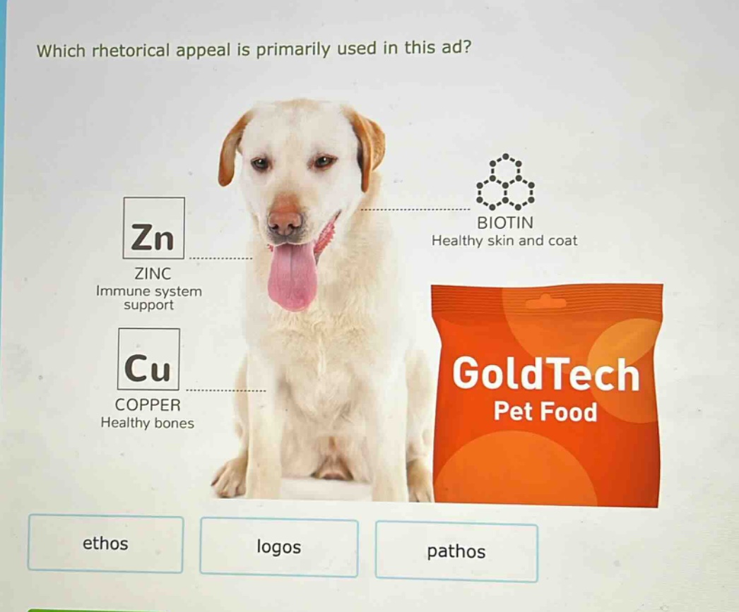 which rhetorical appeal is primarily used in this ad? zn zinc immune system support cu copper healthy bones biotin healthy skin and coat goldtech pet food ethos logos pathos