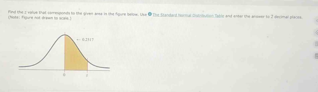 find the z value that corresponds to the given area in the figure below. use the standard normal distribution table and enter the answer to 2 decimal places. (note: figure not drawn to scale.)
