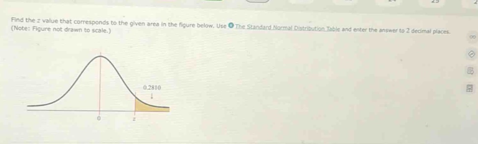 find the z - value that corresponds to the given area in the figure below. use the standard normal distribution table and enter the answer to 2 decimal places. (note: figure not drawn to scale.)