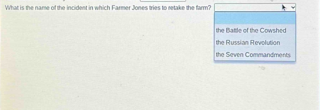 what is the name of the incident in which farmer jones tries to retake the farm? the battle of the cowshed the russian revolution the seven commandments