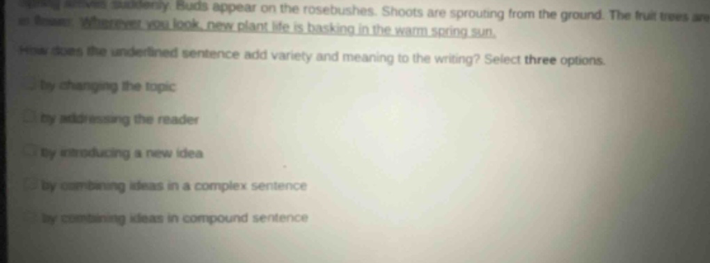 buds appear on the rosebushes. shoots are sprouting from the ground. the fruit trees are in bloom. wherever you look, new plant life is basking in the warm spring sun. how does the underlined sentence add variety and meaning to the writing? select three options. by changing the topic by addressing the reader by introducing a new idea by combining ideas in a complex sentence by combining ideas in compound sentence