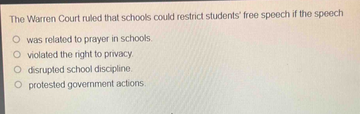 the warren court ruled that schools could restrict students free speech if the speech was related to prayer in schools. violated the right to privacy. disrupted school discipline. protested government actions.