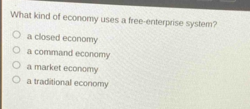 what kind of economy uses a free - enterprise system?\no a closed economy\no a command economy\no a market economy\no a traditional economy