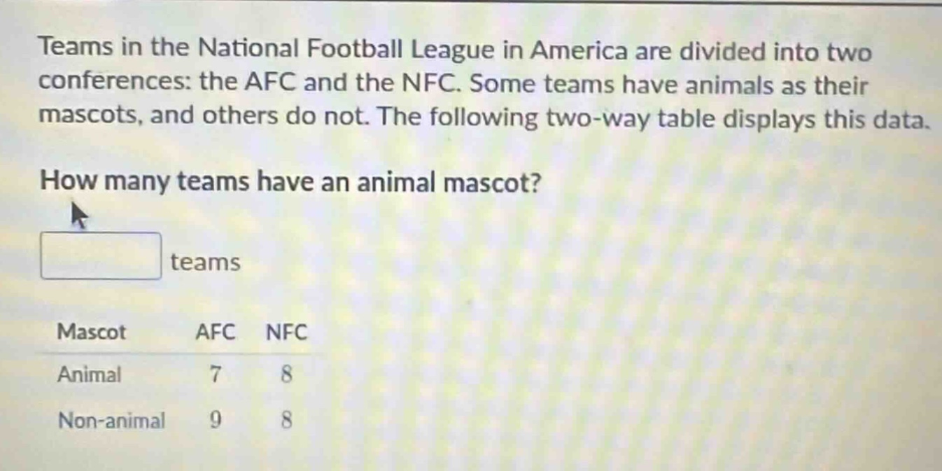 teams in the national football league in america are divided into two conferences: the afc and the nfc. some teams have animals as their mascots, and others do not. the following two - way table displays this data. how many teams have an animal mascot? teams mascot afc nfc animal 7 8 non - animal 9 8