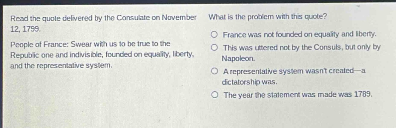 read the quote delivered by the consulate on november 12, 1799. people of france: swear with us to be true to the republic one and indivisible, founded on equality, liberty, and the representative system. what is the problem with this quote? france was not founded on equality and liberty. this was uttered not by the consuls, but only by napoleon. a representative system wasnt created—a dictatorship was. the year the statement was made was 1789.