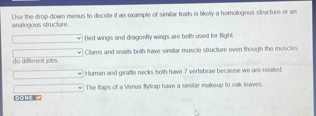 use the drop - down menus to decide if an example of similar traits is likely a homologous structure or an analogous structure. bird wings and dragonfly wings are both used for flight. clams and snails both have similar muscle structure even though the muscles do different jobs. human and giraffe necks both have 7 vertebrae because we are related. the flaps of a venus flytrap have a similar makeup to oak leaves. done