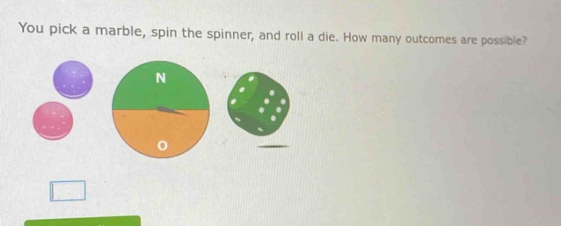 you pick a marble, spin the spinner, and roll a die. how many outcomes are possible?