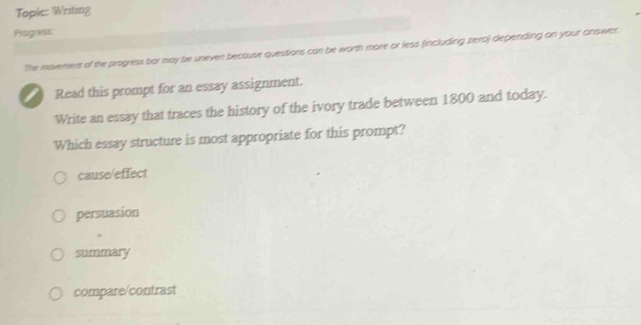 topic: writing\nprogress\nthe movement of the progress bar may be uneven because questions can be worth more or less (including zero) depending on your answer.\nread this prompt for an essay assignment.\nwrite an essay that traces the history of the ivory trade between 1800 and today.\nwhich essay structure is most appropriate for this prompt?\ncause/effect\npersuasion\nsummary\ncompare/contrast