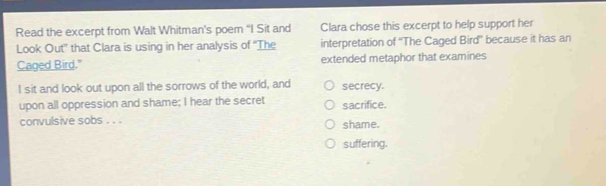 read the excerpt from walt whitmans poem \i sit and look out\ that clara is using in her analysis of \the caged bird.\ i sit and look out upon all the sorrows of the world, and upon all oppression and shame; i hear the secret convulsive sobs... clara chose this excerpt to help support her interpretation of \the caged bird\ because it has an extended metaphor that examines secrecy. sacrifice. shame. suffering.