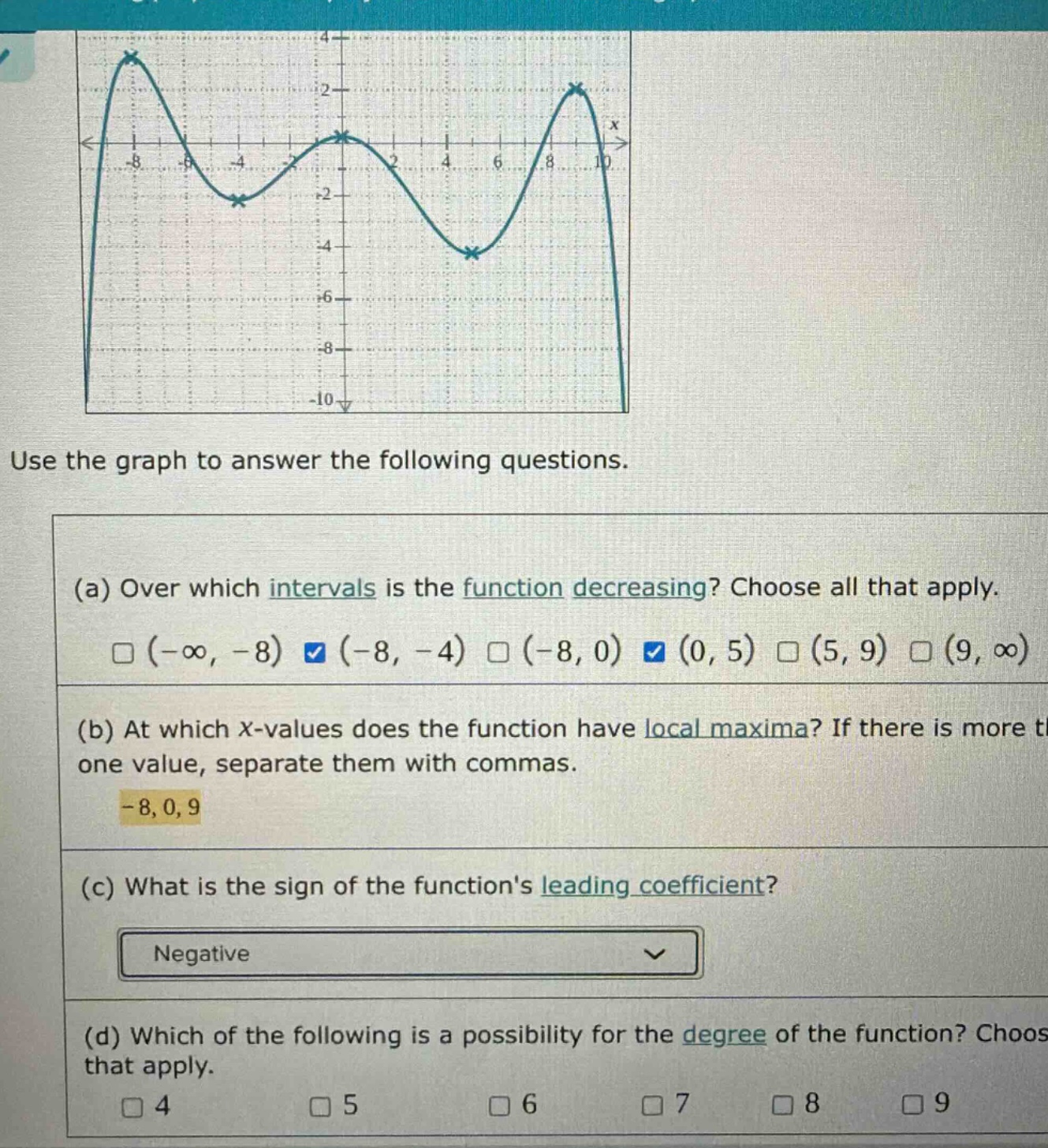 use the graph to answer the following questions. (a) over which intervals is the function decreasing? choose all that apply. (-∞, -8) (-8, -4) (-8, 0) (0, 5) (5, 9) (9, ∞) (b) at which x - values does the function have local maxima? if there is more than one value, separate them with commas. -8, 0, 9 (c) what is the sign of the functions leading coefficient? negative (d) which of the following is a possibility for the degree of the function? choose that apply. 4 5 6 7 8 9