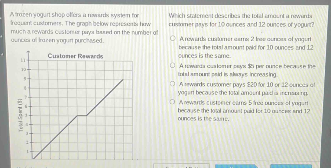 a frozen yogurt shop offers a rewards system for frequent customers. the graph below represents how much a rewards customer pays based on the number of ounces of frozen yogurt purchased. which statement describes the total amount a rewards customer pays for 10 ounces and 12 ounces of yogurt? a rewards customer earns 2 free ounces of yogurt because the total amount paid for 10 ounces and 12 ounces is the same. a rewards customer pays $5 per ounce because the total amount paid is always increasing. a rewards customer pays $20 for 10 or 12 ounces of yogurt because the total amount paid is increasing. a rewards customer earns 5 free ounces of yogurt because the total amount paid for 10 ounces and 12 ounces is the same.