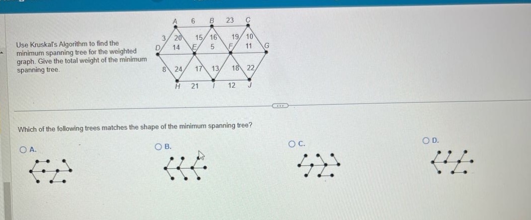 use kruskals algorithm to find the minimum spanning tree for the weighted graph. give the total weight of the minimum spanning tree. which of the following trees matches the shape of the minimum spanning tree? o a. o b. o c. o d.