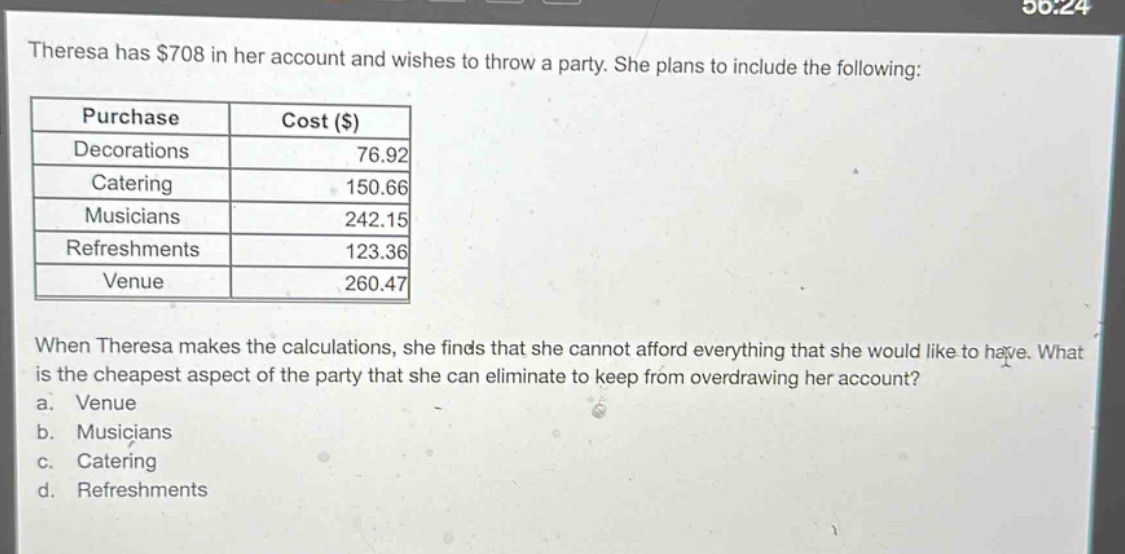 theresa has $708 in her account and wishes to throw a party. she plans to include the following: purchase cost ($) decorations 76.92 catering 150.66 musicians 242.15 refreshments 123.36 venue 260.47 when theresa makes the calculations, she finds that she cannot afford everything that she would like to have. what is the cheapest aspect of the party that she can eliminate to keep from overdrawing her account? a. venue b. musicians c. catering d. refreshments